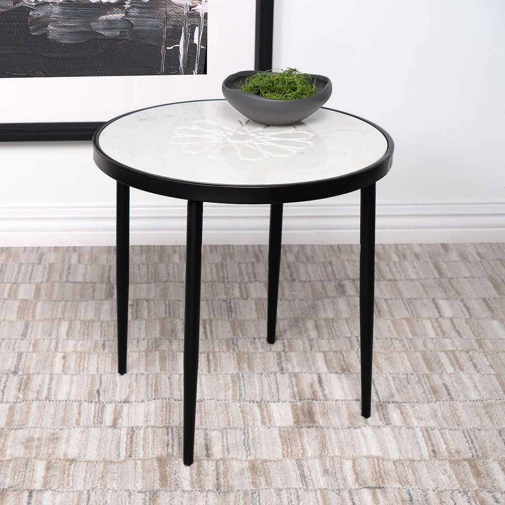 Kofi Round Marble Top Side Table White and Black image